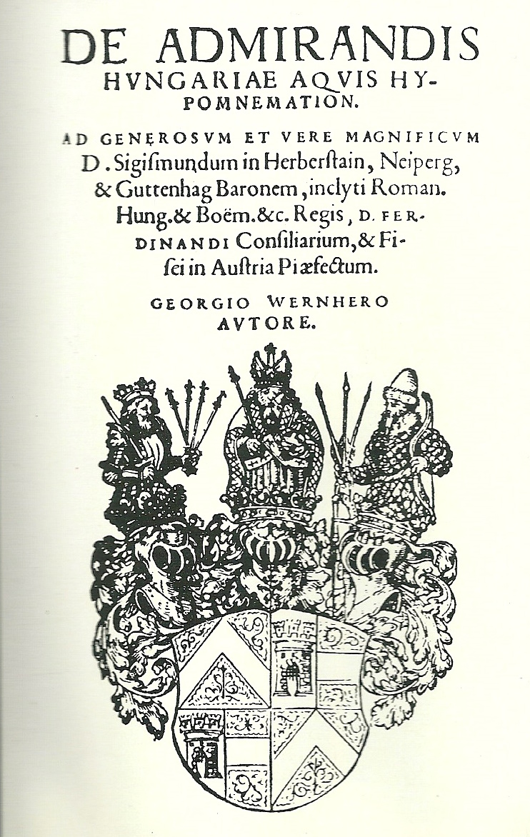 Titulná strana z diela J. Wernhera: Správa o podivuhodných vodách Uhorska